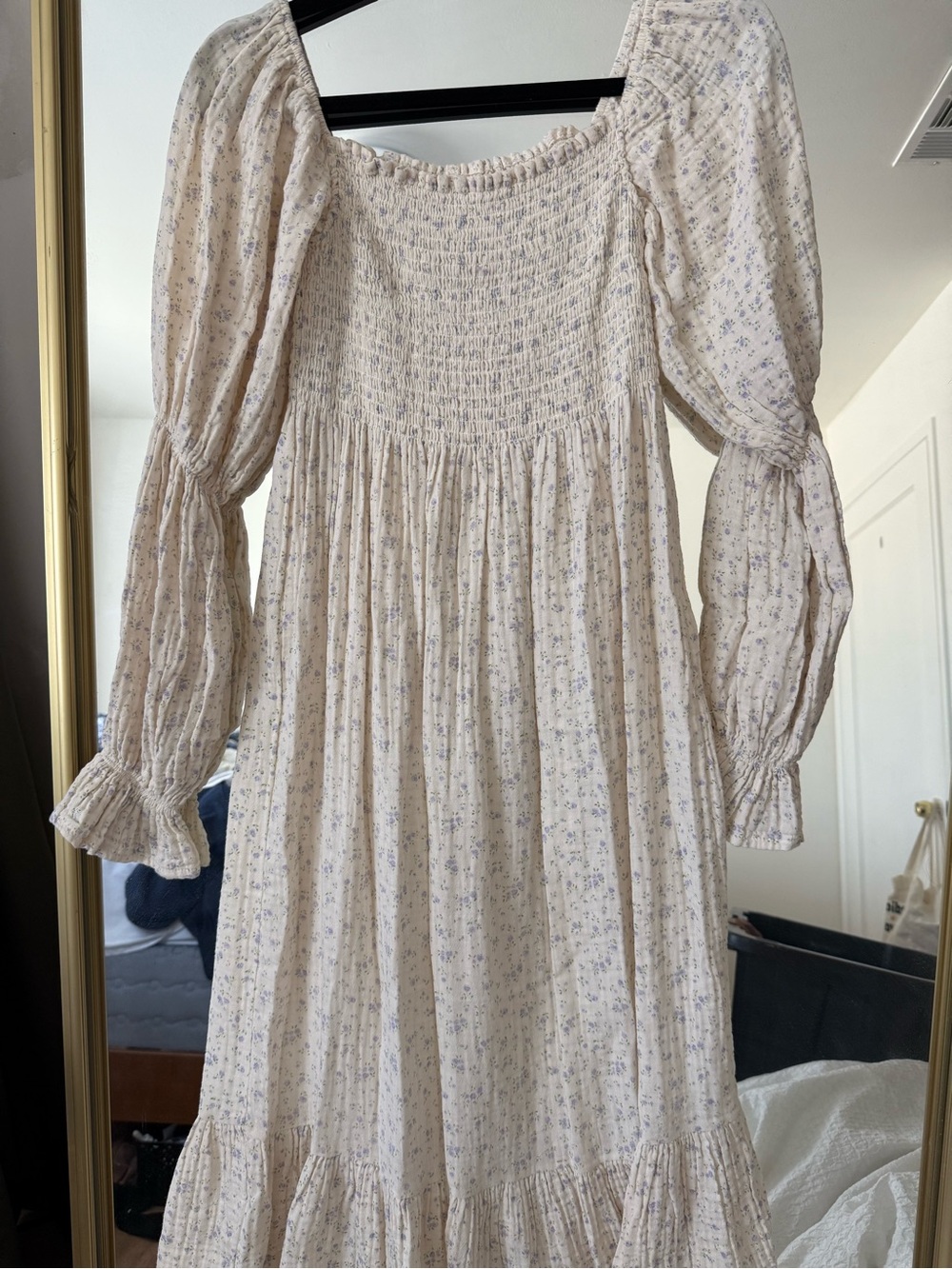 Yuki Smocked Puff Sleeve Floral Midi Dress — Cream with Lavender Print